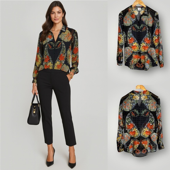 CAbi | Amour Floral Sheer Blouse Size Small Button Front Long Sleeve Collar - Picture 1 of 11